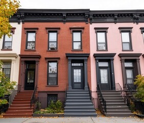 Colorful Row Houses in Urban Setting with Trees and Sidewalk