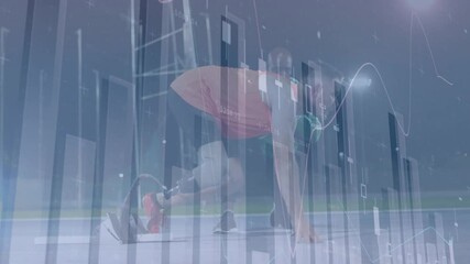 Male athlete preparing sprint start on track, blending finance candlestick charts and line graphs - Powered by Adobe