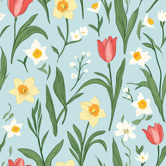 Seamless spring-themed pattern with vibrant flowers, fresh leaves, and soft pastel colors. Ideal for Easter, nature designs, and seasonal branding.