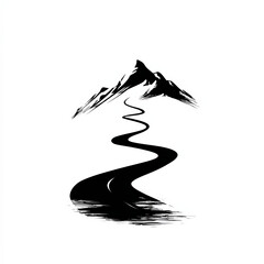 Ultra minimal flat black vector icon of a mountain with a rising sun, simple clean shapes, symbolizing travel and eco-tourism, isolated on a white background