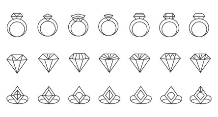 Luxury diamond bridal wedding party ring set of line icon vectors
