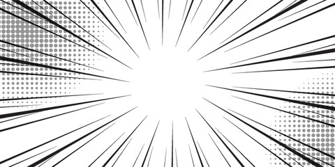 Obraz premium Comic book black and white radial lines background. Manga speed frame. Super hero action. Vector illustration.