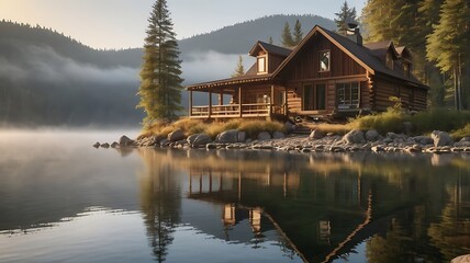 A log cabin is situated on the edge of a lake with mountains and trees in the background view scene