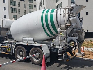 Concrete Mixture, Concrete Transit Mixture Vehicle. Concrete Mixture Drum On Construction Site For...