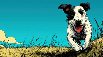 Happy dog running through tall grass against a light blue sky