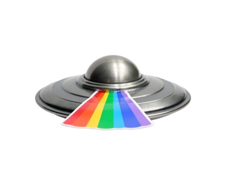 A Gleaming Metallic Flying Saucer Casting a Vibrant Rainbow Spectrum, Symbolizing Inclusivity and Advanced Extraterrestrial Technology, Evoking Wonder and Exploration