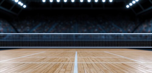 Indoor volleyball court with net and stadium lights overhead