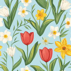 Obraz premium Seamless spring-themed pattern with vibrant flowers, fresh leaves, and soft pastel colors. Ideal for Easter, nature designs, and seasonal branding.