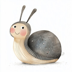 Adorable beige snail with rosy cheeks and a dark textured shell, illustrated in a soft hand-drawn style. Perfect for kids’ storybooks, educational materials, and whimsical character collections.