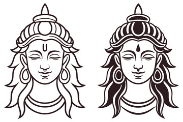 Peaceful Hindu god's face with crown line art expresses the serenity of divine figures