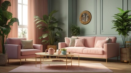Living room with pink sofa armchair coffee table and plants in a bright modern interior design