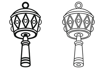 Black and white line drawing illustrates two ritual hand drums with transparent background