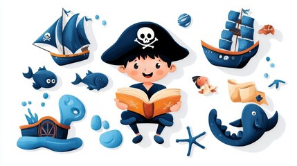 A cheerful pirate boy reading a book surrounded by colorful sea creatures and ships, perfect for children's art.