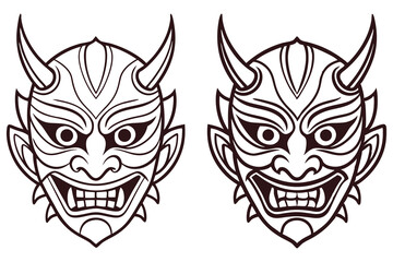 Two contoured Oni mask vectors are displayed on a stark white background