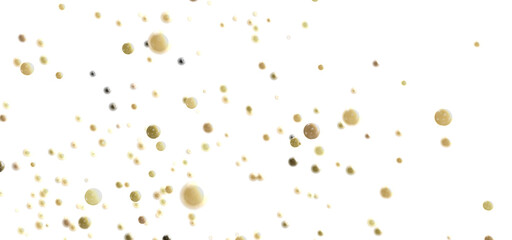 Beautiful abstract background of golden bubbles floating and scattering on a white backdrop. Perfect for various design projects.