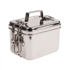 A shiny stainless steel lunchbox with a secure lid and handle, designed for food storage and portability.