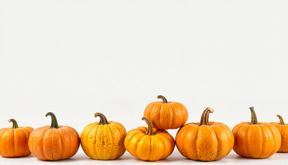 Colorful pumpkins in various sizes on a white background with copy space