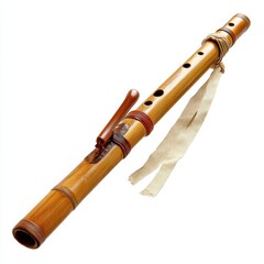 Naklejka premium Traditional bamboo flute with decorative bindings and tassel, commonly used in Asian music.