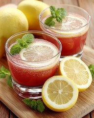 Two glasses of red citrus drink with sliced lemons and mint on a wooden board