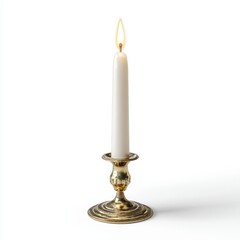 A tall white candle burns in an ornate brass candle holder against a plain white background.