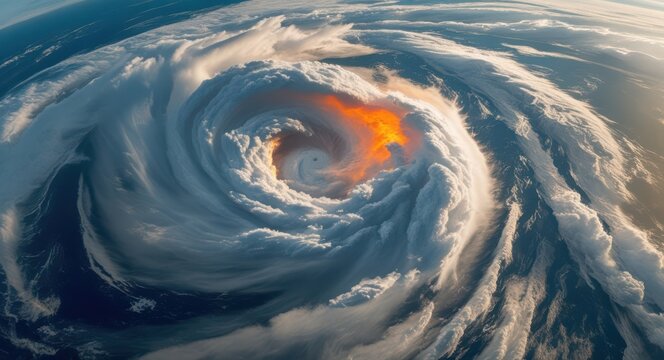 A powerful fiery hurricane or cyclone as seen from a high altitude, showcasing its swirling cloud formations and central eye over the ocean 