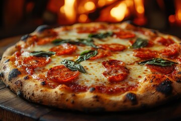 A close-up image of a freshly baked pizza with pepperoni and fresh herbs.