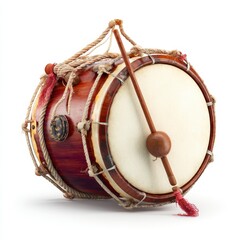 Traditional wooden drum with rope tension and a single drumstick resting across the drumhead on a white background.