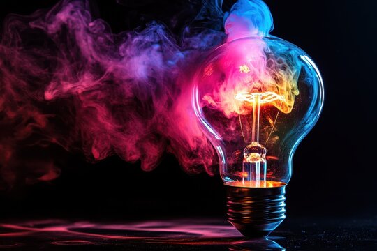 Colorful smoke rises from an incandescent light bulb, set against a sleek black background