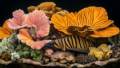 Vibrant underwater scene showcasing a striking black and gold fish nestled amongst diverse coral formations in a captivating composition.