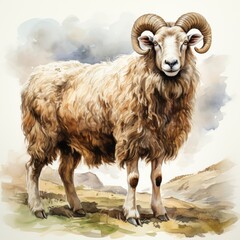 Obraz premium Bukhara Sheep Grazing in the Mountains, Watercolor style Isolate on White Background