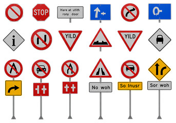 Collection of Road Traffic Signs: Stop, No Entry, Warning, Regulatory Symbols, Highway, Street, Transportation Icons
