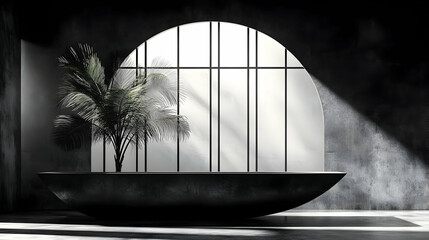 Minimalist interior with a plant in a dark bowl large arched window behind and concrete textured walls