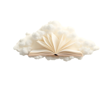 A whimsical composition featuring a delicate, fluffy cloud shaped like an open book, symbolizing the power of imagination and storytelling through surreal imagery