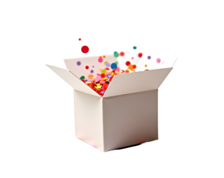 A whimsical surprise, Delicately opened gift box revealing a cascade of vibrant confetti, evoking celebration, joy, and the excitement of the unknown within, inviting anticipation