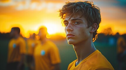 Young male soccer player in yellow jersey stands on field at sunset, teammates blurred, determined expression