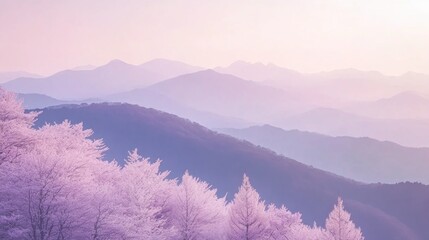 Pastel mountains and frosted trees at dawn.