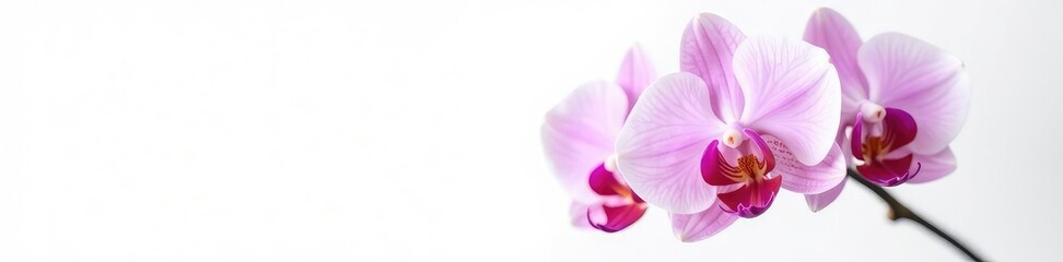 Obraz premium A delicate orchid on a white background, showcasing its intricate details and petals, bloom, botanical, flower