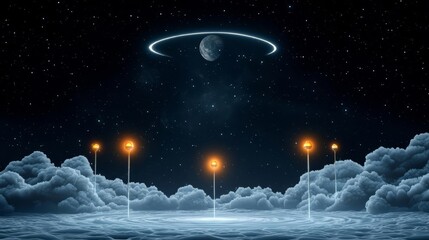 Futuristic landscape with glowing orbs and a celestial backdrop, evoking a sense of wonder and exploration.