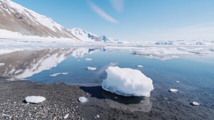 Icebergs reflecting in calm glacial waters, mountains in the background