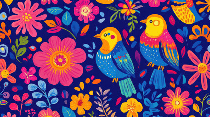 Vibrant Cinco de Mayo Folk Art Design Featuring Birds and Flowers