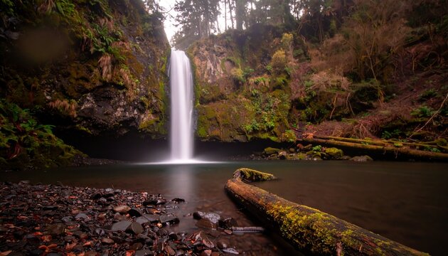 Una impresionante cascada cae sobre rocas escarpadas y cubiertas de musgo con un realismo impresionante de 4K.