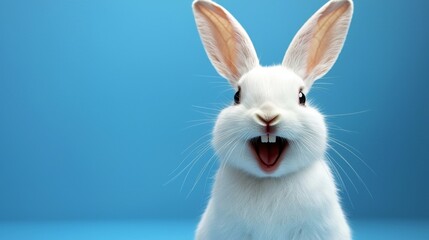 Adorable rabbit showcasing a cheerful expression on a bright blue canvas.