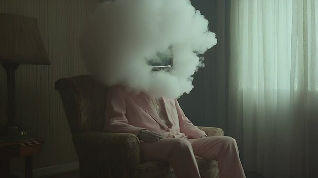 Man in pink suit with retro tv head in smoke