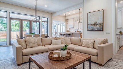 Fototapeta premium Modern Living Room Interior Design with Beige Sectional Sofa, Wooden Coffee Table, and Large Windows