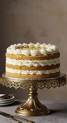 A delicious sweet chocolate cake with cream and a candle, a tasty baked dessert