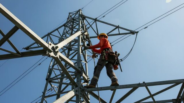 Electrician Working on High Voltage Power Tower - A low-angle view of an electrician in safety gear ascending a tall metal electricity pylon against a clear blue sky. The worker is carefully climbing