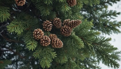 Deep green fir branches, abundant pine cones, snowy texture,  winter,  wreath,  holiday decor