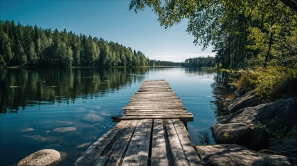Serene Wooden Dock Extending into a Calm Lake Surrounded by Lush Green Forest on a Sunny Day