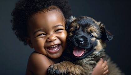 Un bebé abrazando a un perro bebé y riendo
