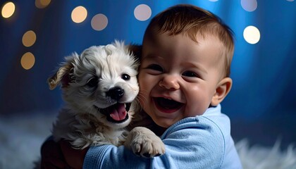 Un bebé abrazando a un perro bebé y riendo